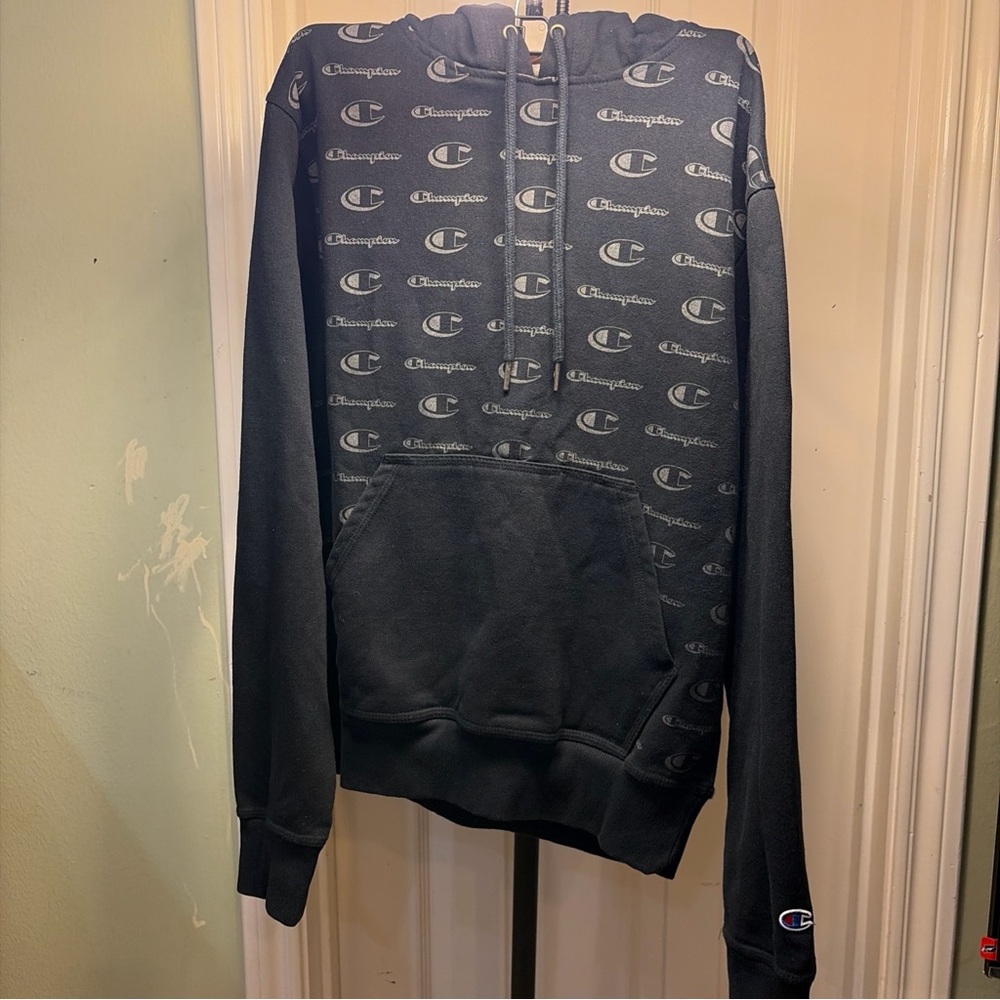Champion Black Hoodie with Gray Inner Lining and Logo
